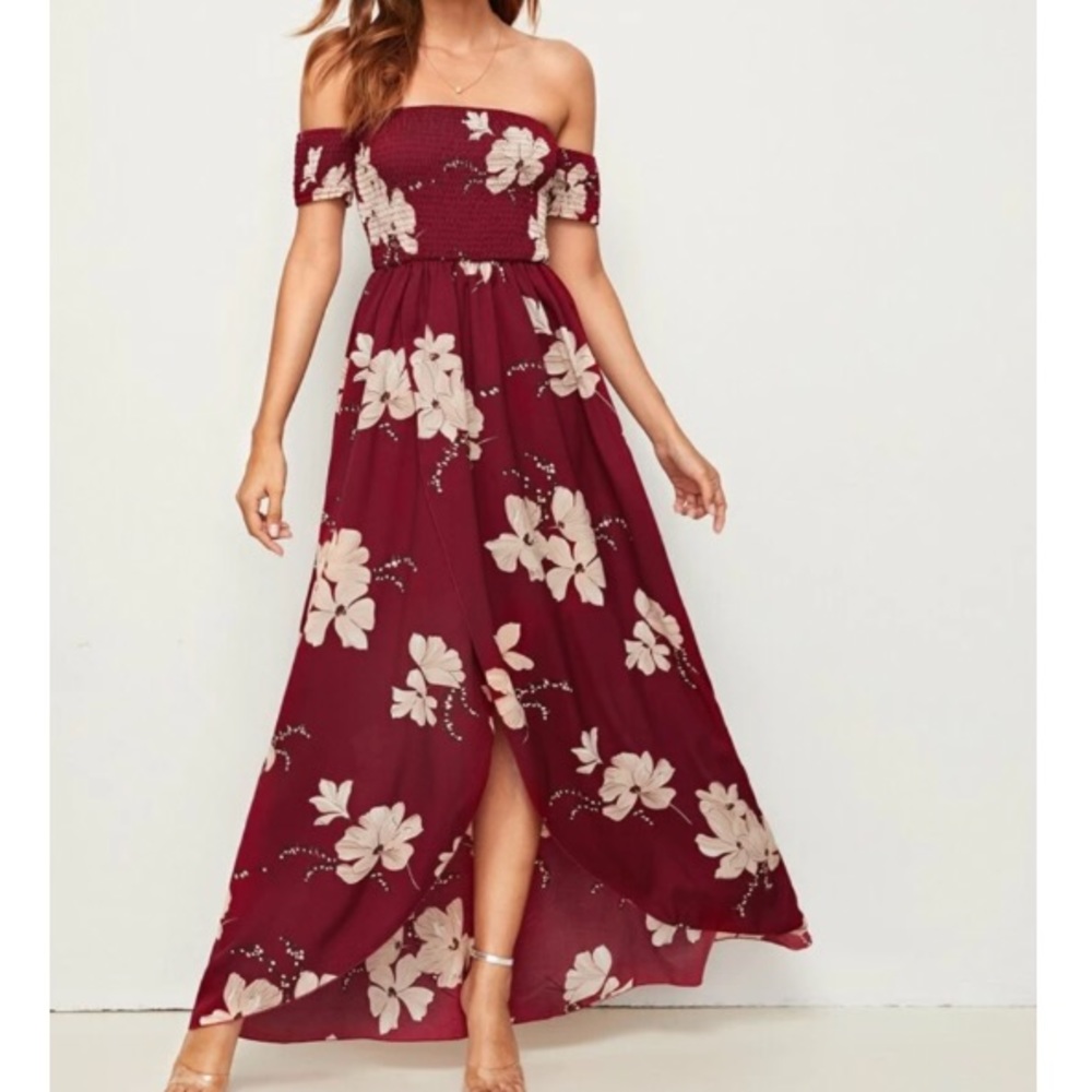 Boho floral shirred off shoulder maxi dress